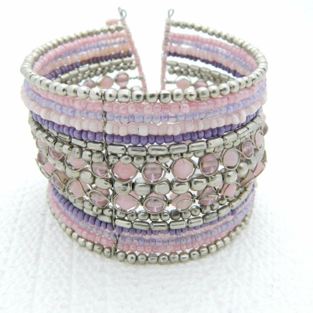 Multi-Colored Pink Purple Glass Bead Beaded Cuff